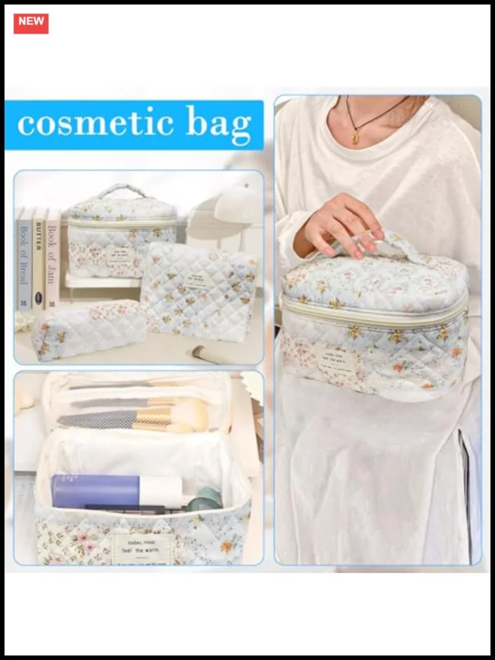 Cotton Quilted Makeup Bag Set Large Travel Cosmetic Bag Toiletry Organizer 3pcs